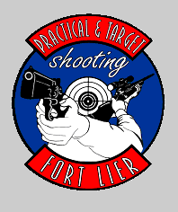 Embleem Practical & Target Shooting Fort Lier — gekruiste pistolen rond een doelschijf.